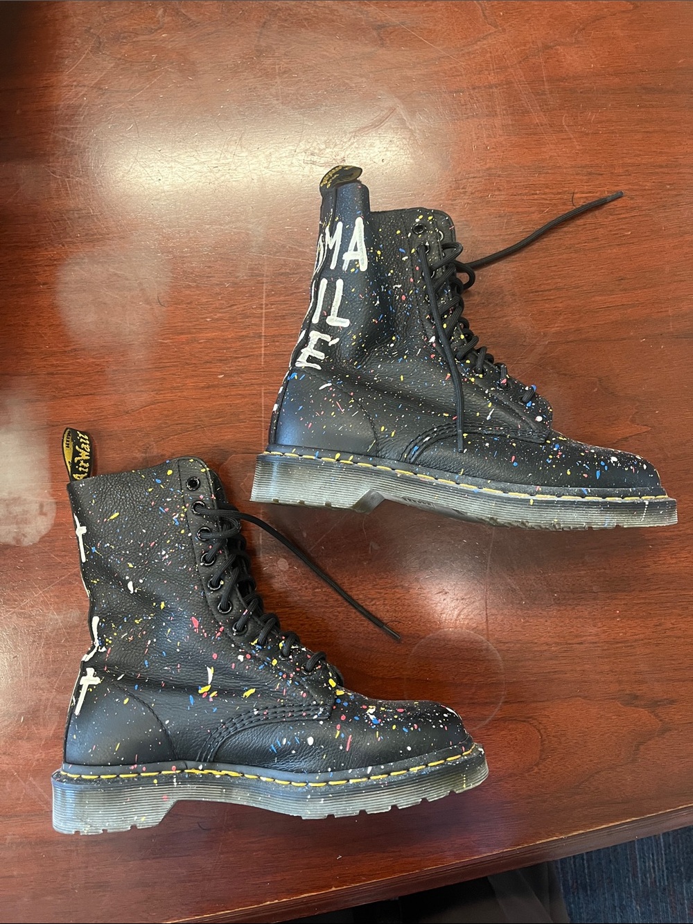 Dr. Martens Black Leather Paint-Splatter Lace-Up Boots - Picture 3 of 8